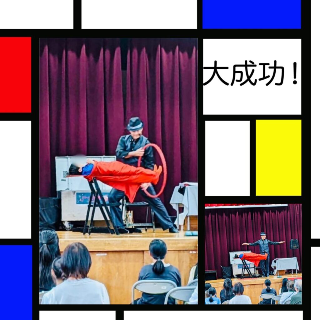 小牧市の区民のお祭りでマジシャンJUNPEIがイリュージョンマジックを披露している様子。お客様からの大きな歓声と拍手で海上は大盛り上がり。